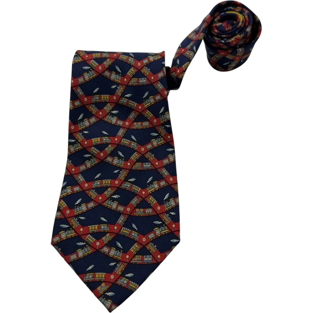 Salvatore Ferragamo Blue Red‎ Train Print Pure Silk Necktie Made in Italy 57x3.5